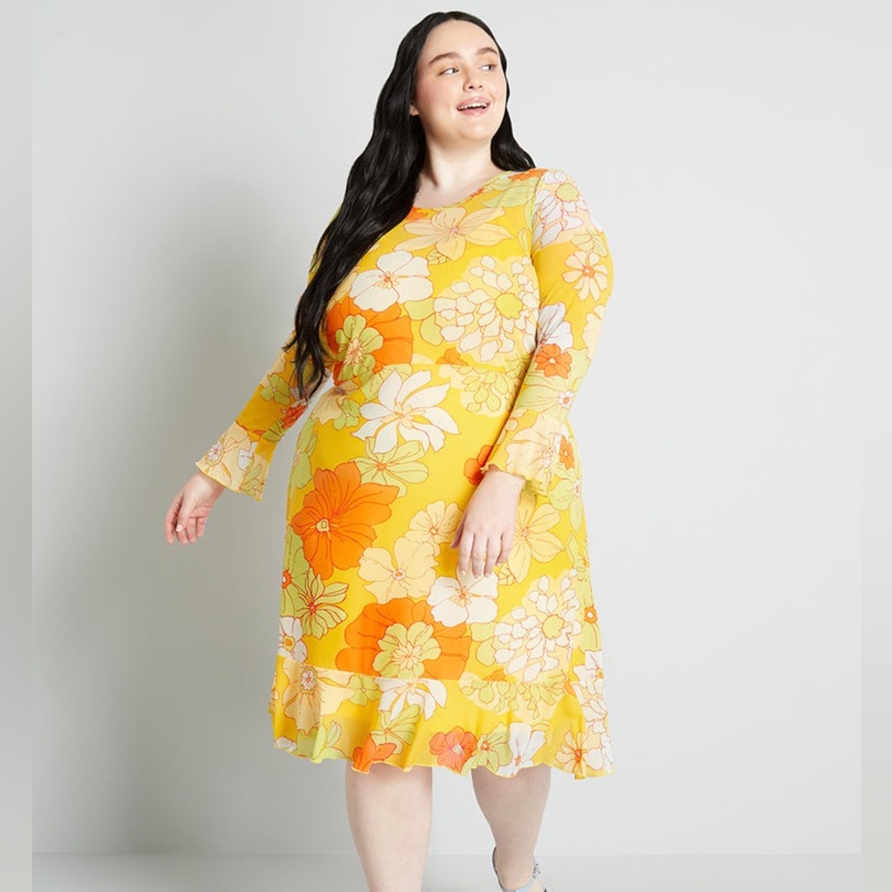 BNWT Modcloth Tropicana Isle mesh midi dress is retro floral print sz Large